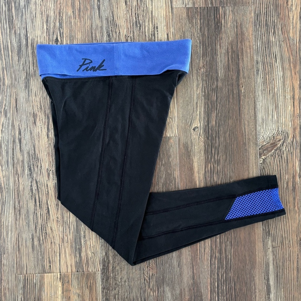 Y2K PINK Yoga Victorias Secret Foldover Skinny Leggings Sm Black Blue Mesh Ankle